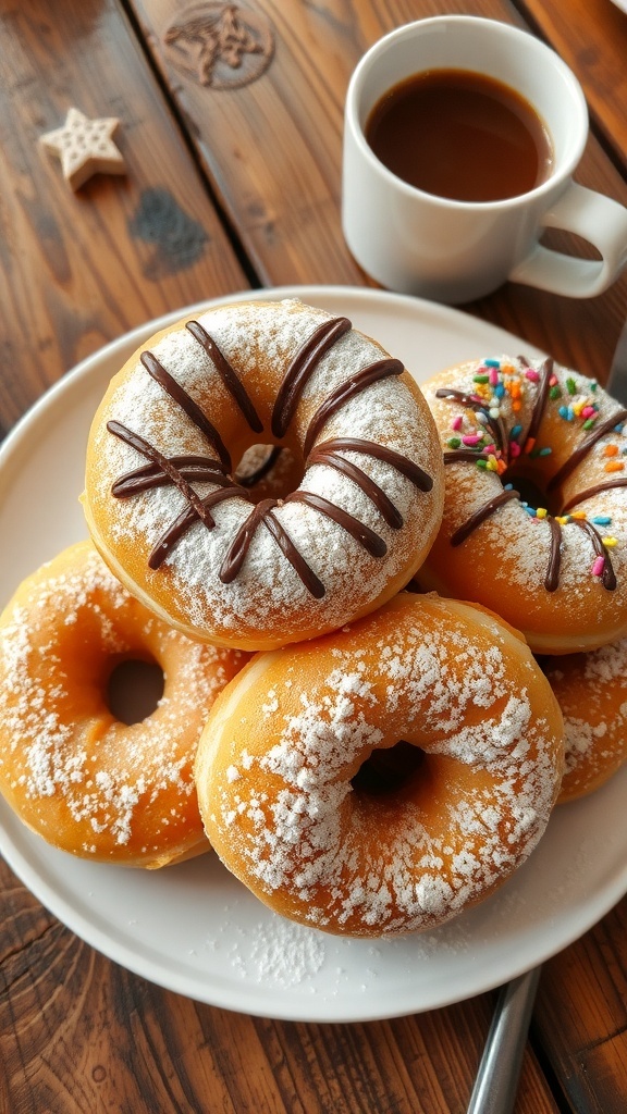 A plate of golden fried donuts dusted with powdered sugar and chocolate glaze, accompanied by a cup of coffee.